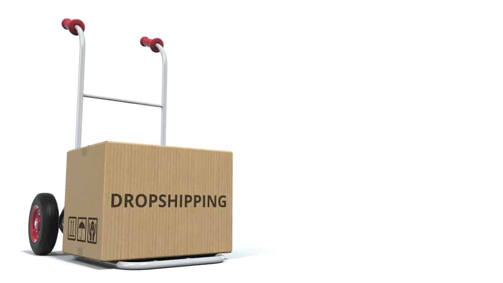 Dropshipping Text On Cardboard Box Loaded On A Delivery Cart. 3d Rendering