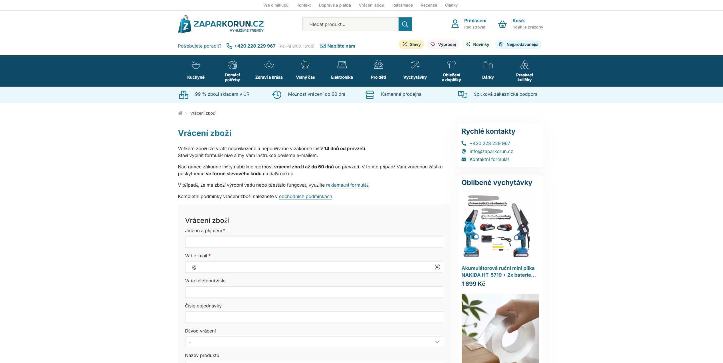 Zaparkorun.cz Vrácení Zboží