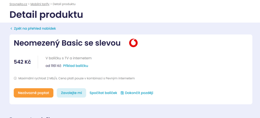 Srovnejto Detail Vybraného Tarifu