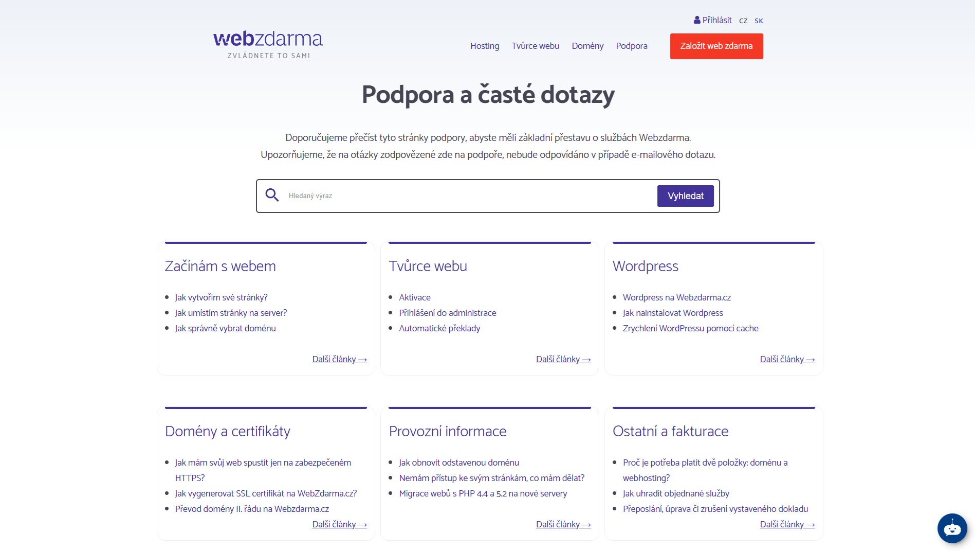 Webzdarma Podpora